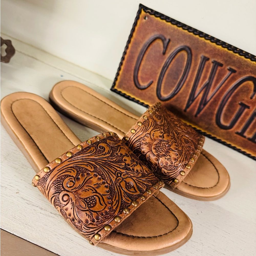 Myra Bag Brown Western Sandals with Tooled Leather